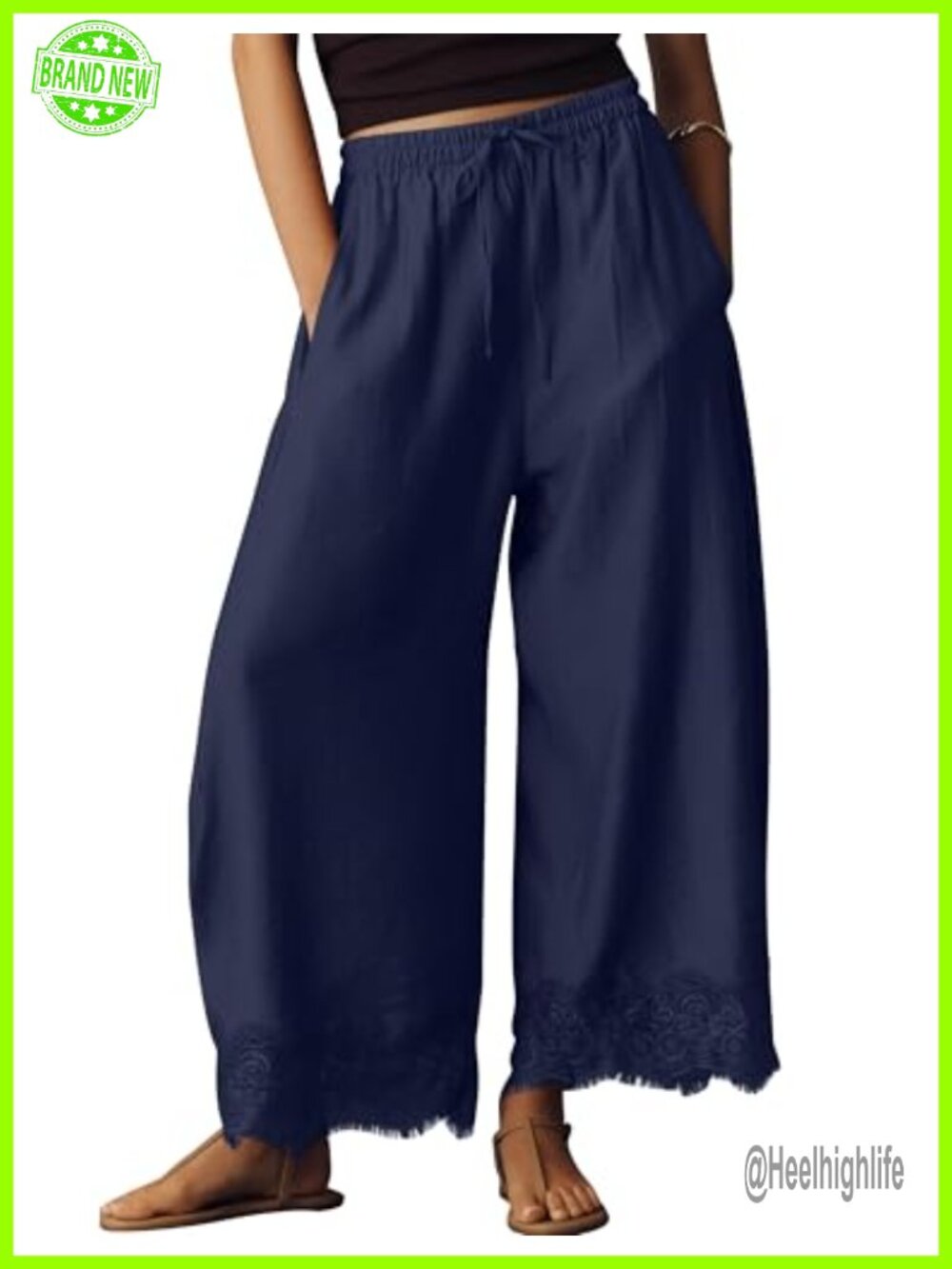 Lace Trim Wide Leg Pants Women 100% Polyester Drawstring High Rise Casual